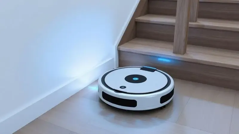 Representação visual de sensores anti-queda em um robô aspirador detectando degraus de uma escada.