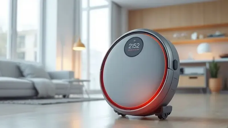 Ilustração digital de um robô aspirador exibindo luz de erro laranja em uma sala de estar moderna e ensolarada.