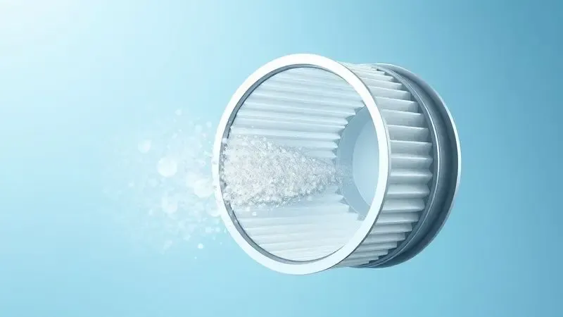 Ilustração digital detalhando o processo de filtragem de ar com partículas sendo retidas por um filtro de alta eficiência.