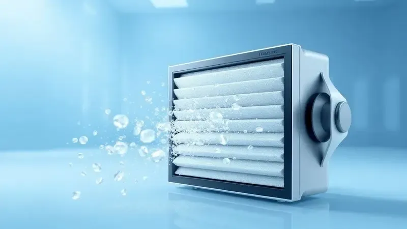 Ilustração conceitual de um sistema de filtragem HEPA capturando partículas de poeira e alérgenos em um ambiente limpo.