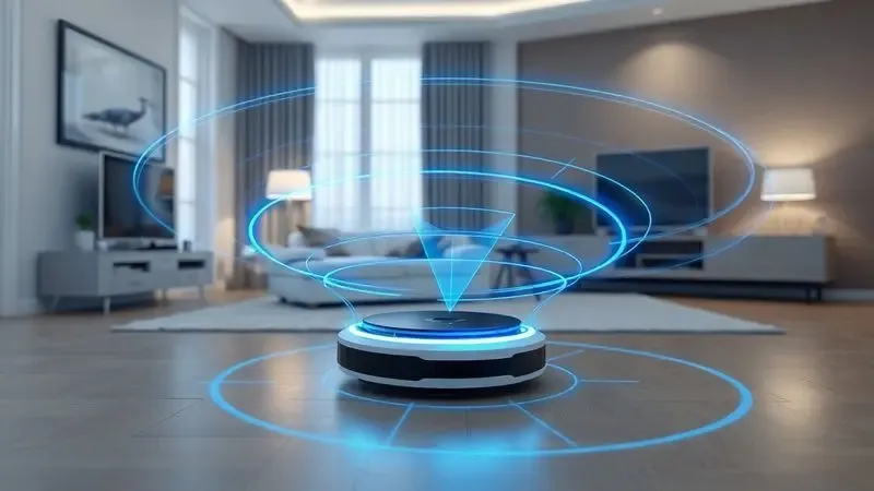Renderização 3D conceitual de um robô aspirador projetando linhas de laser azuis para mapear o ambiente de uma sala moderna.