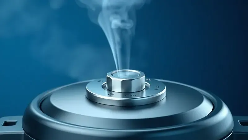 Ilustração conceitual de uma válvula de segurança de panela elétrica liberando vapor de forma controlada.