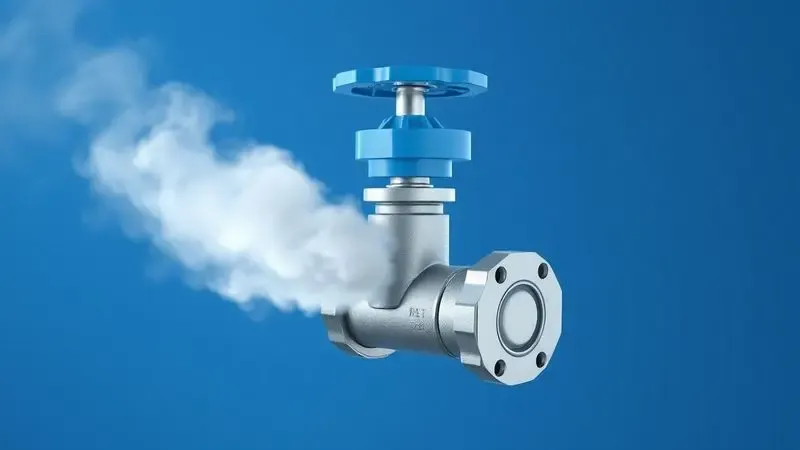 Representação 3D conceitual de uma válvula de segurança liberando vapor de forma controlada.