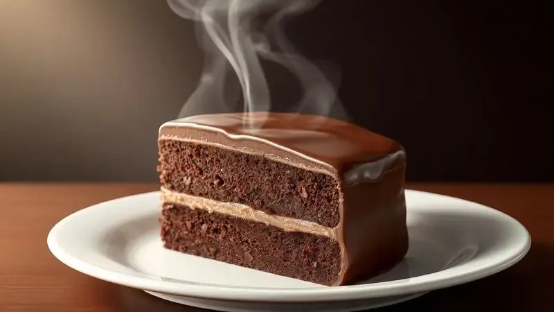 Ilustração digital de um bolo de chocolate úmido e fofinho em um prato branco, representando sobremesas feitas na panela.
