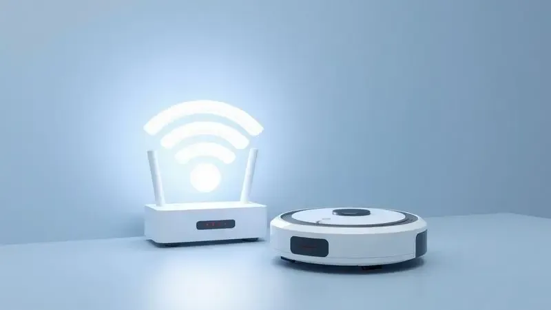 Renderização conceitual de um robô aspirador próximo a um roteador Wi-Fi com ícones de alerta e suporte técnico.