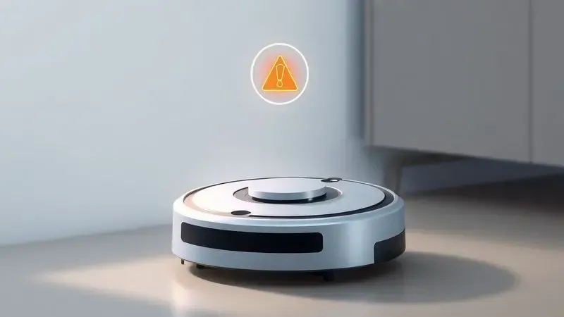 Ilustração conceitual de um robô aspirador com ícone de alerta para solução de problemas técnicos.