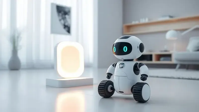 Ilustração 3D de um robô de limpeza retornando para uma base de carregamento minimalista com luzes indicadoras suaves.