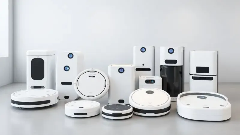 Diferentes modelos conceituais de robôs aspiradores em ambiente moderno para comparação de alternativas.