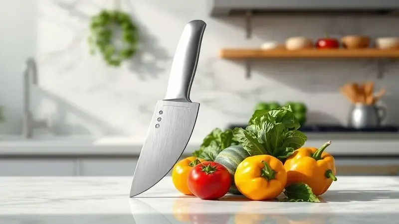 Faca de chef profissional sobre bancada de mármore com vegetais frescos e iluminação natural de cozinha.