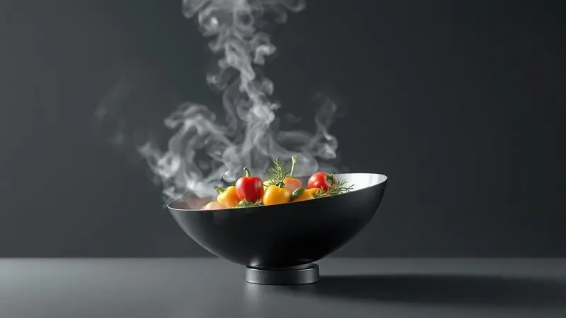 Renderização 3D de legumes saltando em uma panela wok representando a técnica de salteado e o conceito de calor intenso.