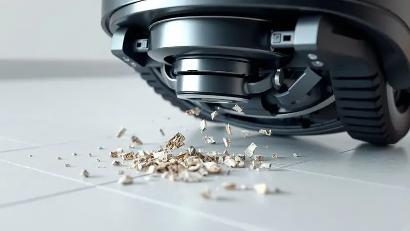 Renderização artística mostrando o sistema de escovas e a função de limpeza de piso de um robô aspirador tecnológico.