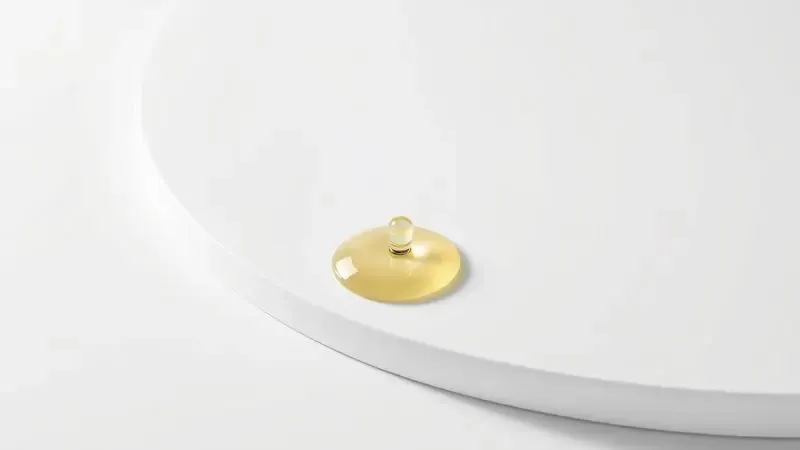Ilustração 3D detalhando a superfície antiaderente cerâmica com uma gota de óleo deslizando suavemente.