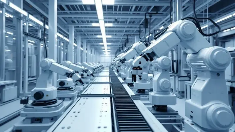 Visualização digital de um processo de fabricação tecnológico e preciso com braços robóticos e luzes neon.