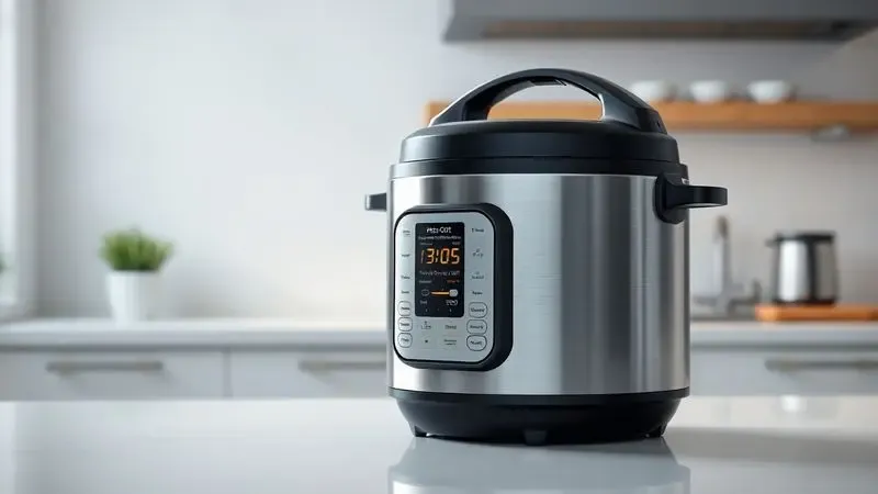 Ilustração digital 3D de uma panela de pressão elétrica moderna em uma bancada de cozinha, com ícones sutis de tecnologia ao redor.