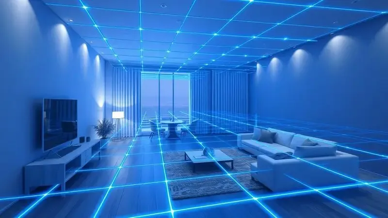 Renderização 3D de uma grade de laser azul escaneando o layout de uma sala de estar moderna e minimalista.