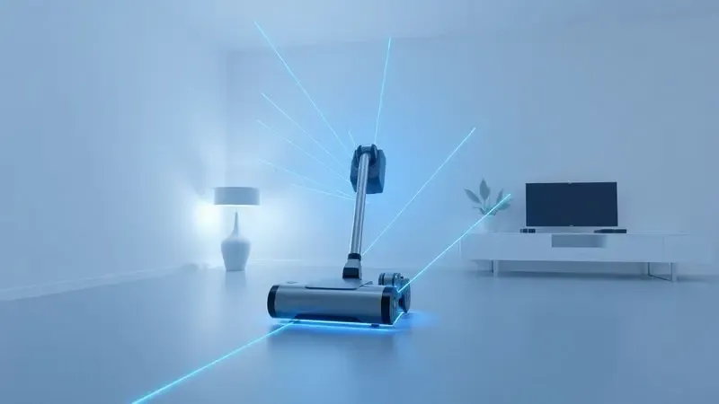 Ilustração digital de um robô aspirador utilizando sensores laser para criar o mapa digital de uma sala moderna.