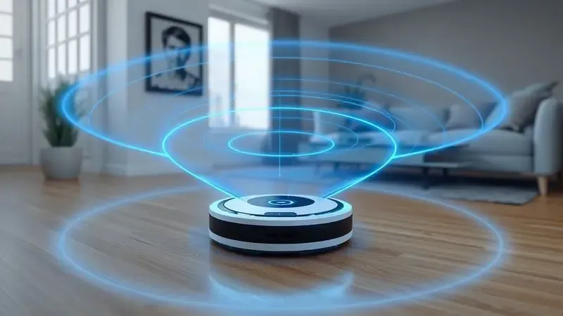 Representação visual de um robô aspirador usando sensores laser para mapear uma sala de estar moderna.