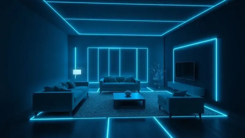 Representação conceitual em 3D de um ambiente sendo mapeado por sensores laser de um aspirador robô.