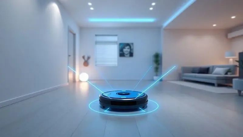 Renderização conceitual de tecnologia de mapeamento a laser e conectividade de um robô aspirador inteligente.