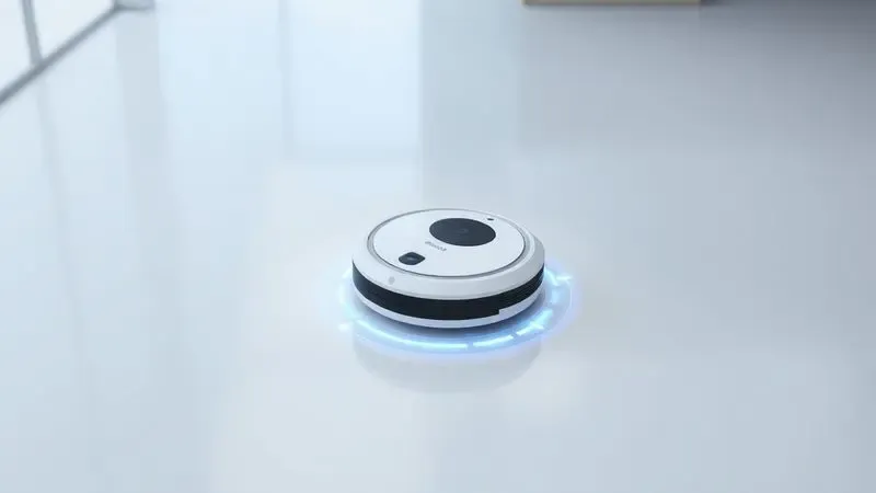 Representação artística 3D de um robô aspirador moderno com tecnologia de mapeamento inteligente em um piso limpo.