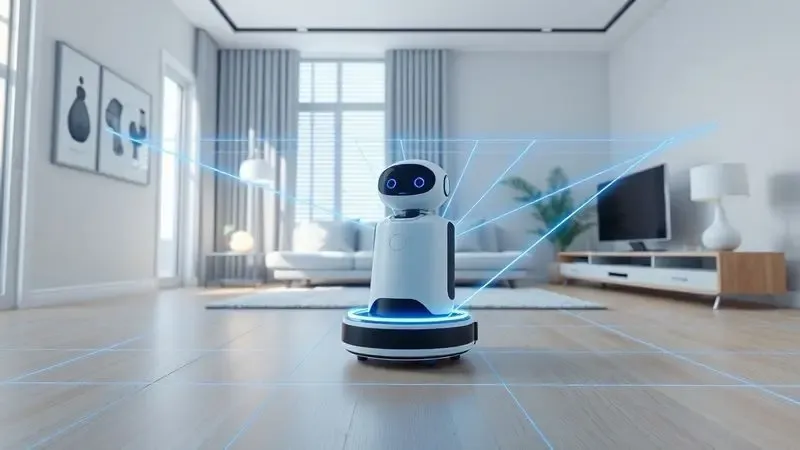 Ilustração digital de um robô aspirador utilizando tecnologia laser LiDAR para mapear os móveis de uma sala de estar.