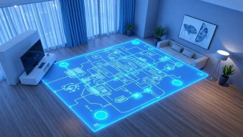 Representação em 3D de um mapa holográfico de uma residência gerado por tecnologia de mapeamento a laser de um robô aspirador.