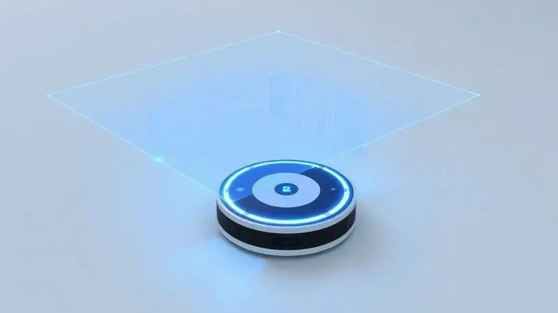 Representação em 3D da tecnologia de mapeamento laser de um robô aspirador em um ambiente residencial minimalista.