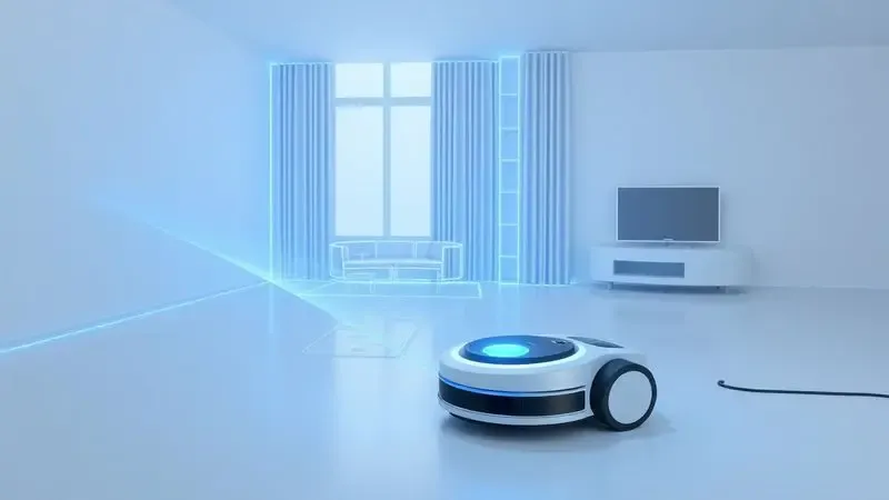 Ilustração 3D de um robô aspirador utilizando tecnologia de mapeamento a laser para escanear o ambiente.