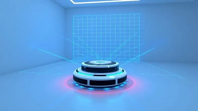 Representação visual tecnológica de um robô aspirador utilizando sensores laser para mapear o ambiente de uma sala.
