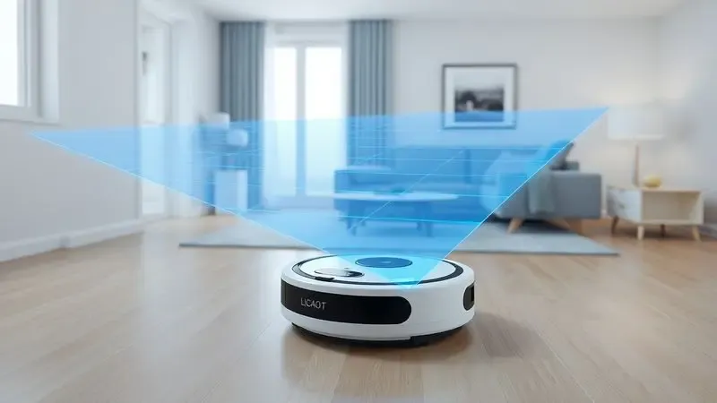 Ilustração 3D de um robô aspirador genérico emitindo feixes de luz azul para mapear os móveis de uma sala de estar moderna.
