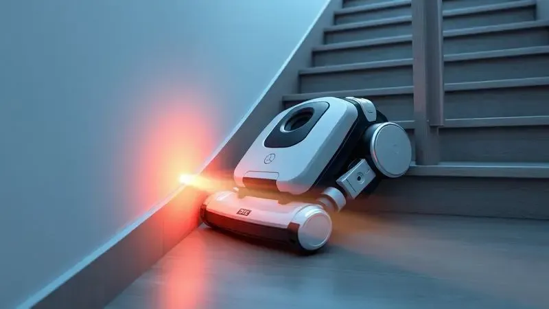 Representação artística de um robô aspirador utilizando sensores para evitar a queda em uma escada moderna.