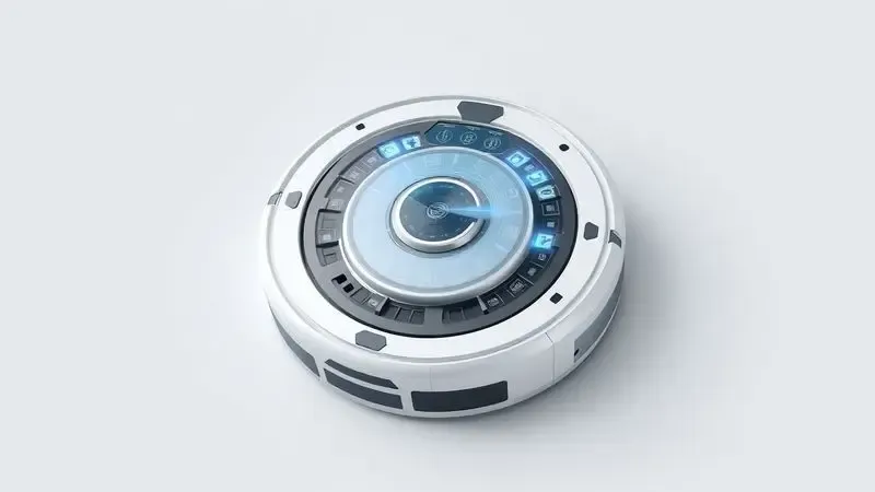 Ilustração 3D estilizada mostrando o funcionamento interno e os sensores de um robô aspirador de forma esquemática.