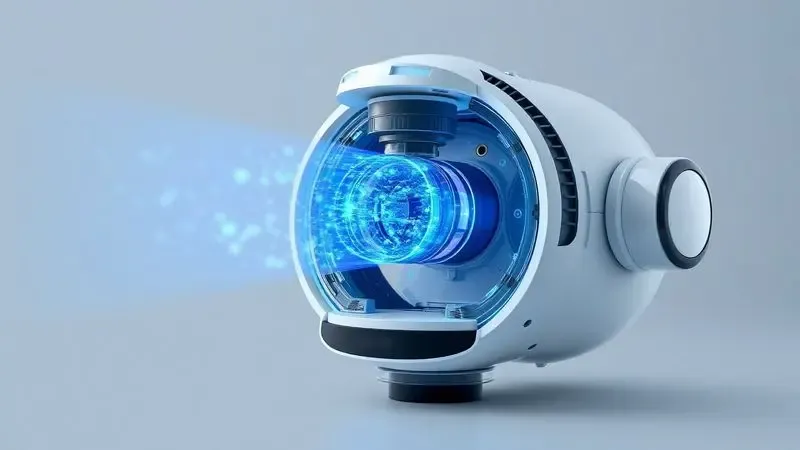 Ilustração 3D conceitual mostrando o fluxo de ar e o poder de sucção interno de um robô aspirador moderno.