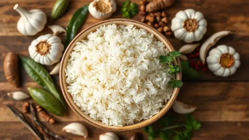 Renderização artística de ervas frescas e dentes de alho ao redor de uma tigela de arroz, focando em temperos gourmet.