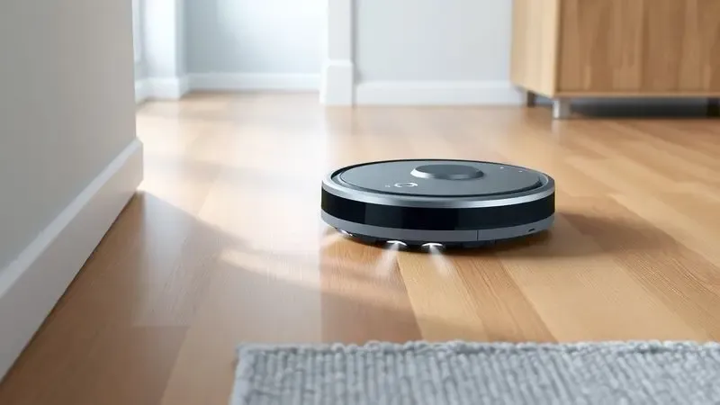 Ilustração digital de um robô aspirador percorrendo diferentes superfícies como tapetes e pisos de madeira.