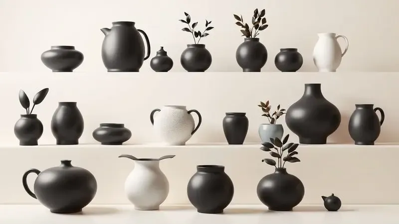 Renderização 3D artística mostrando diferentes silhuetas e formatos de panelas elétricas modernas e sem marca.