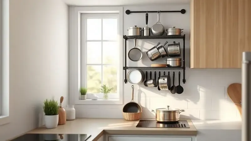 Renderização artística de armazenamento vertical inteligente para panelas em uma parede de cozinha pequena.