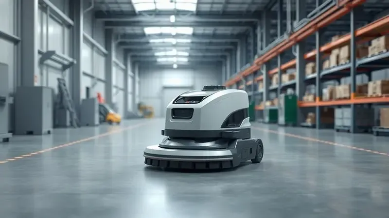 Robô aspirador industrial navegando em um piso de oficina limpo e organizado.