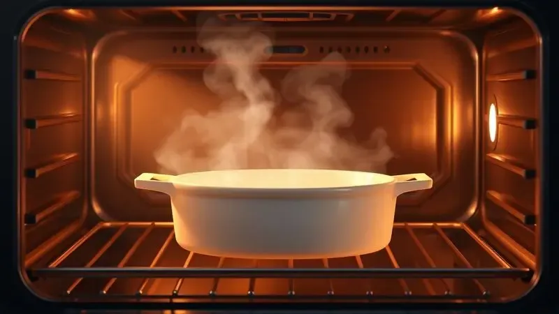 Ilustração conceitual de um recipiente culinário dentro de um forno aquecido com iluminação suave e vapor.
