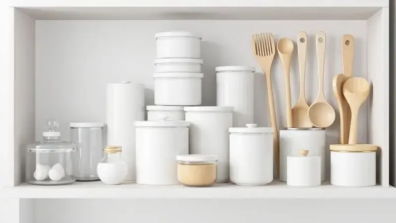 Conjunto conceitual de acessórios e organizadores de cozinha modernos em estilo minimalista.