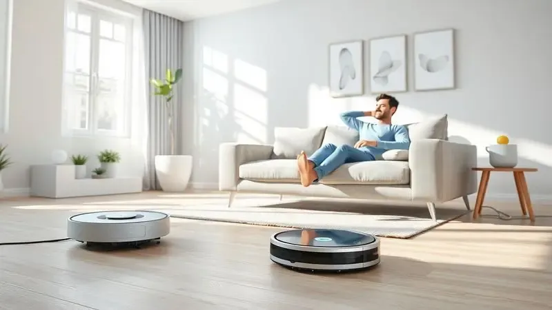 Pessoa relaxando no sofá em uma sala limpa enquanto um robô aspirador trabalha ao fundo, simbolizando praticidade.