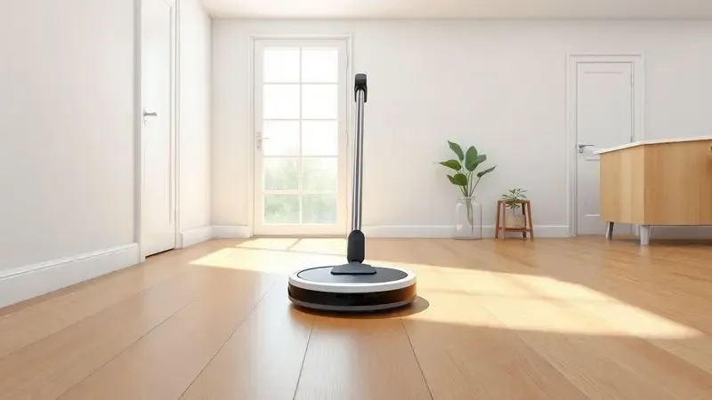 Ilustração digital de um robô aspirador moderno limpando uma sala de estar minimalista, simbolizando praticidade e tempo livre.