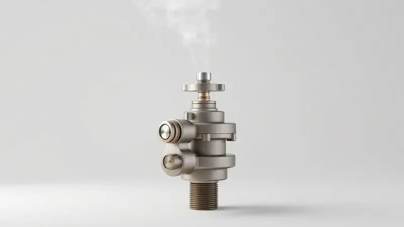 Renderização 3D de uma válvula de panela de pressão genérica liberando uma pequena pluma de vapor de forma controlada.