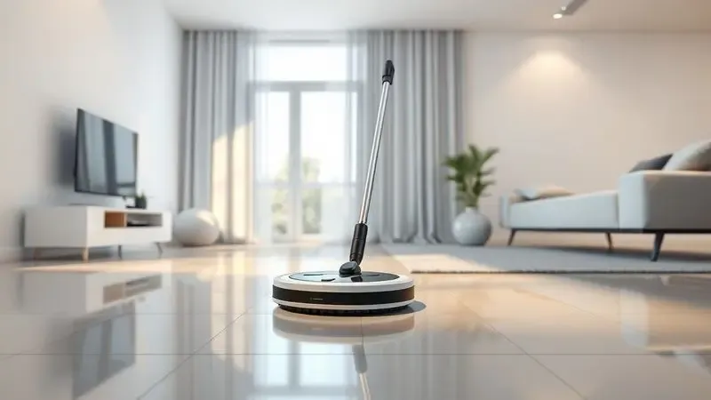 Ilustração 3D de um robô aspirador genérico limpando o chão de uma sala de estar moderna e organizada.