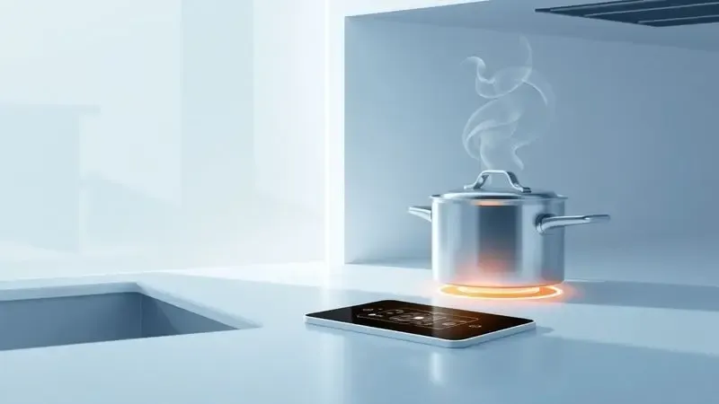 Cena de cozinha moderna e tecnológica destacando a eficiência e o design limpo do sistema de indução.