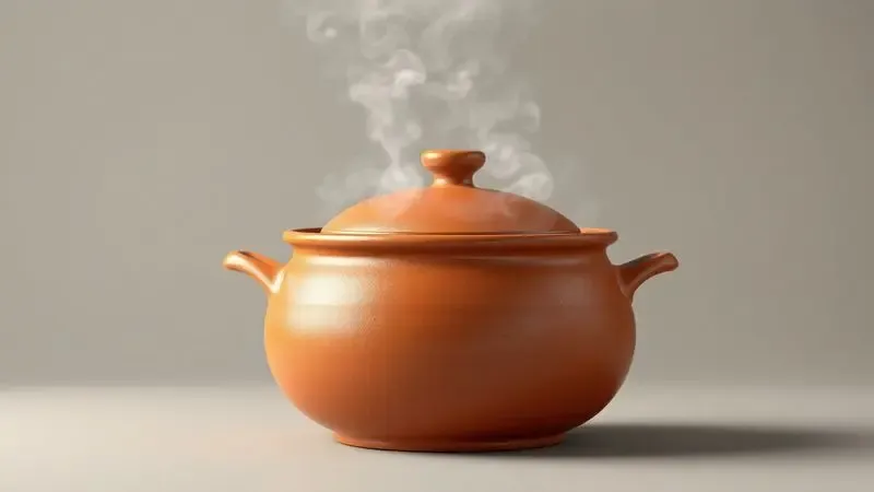Renderização 3D conceitual de uma panela de barro liberando vapor suave, simbolizando a retenção de calor e sabor.