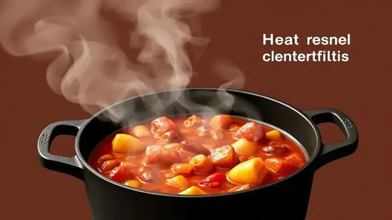 Cena conceitual de uma panela de ferro fundido mantendo o calor de um ensopado suculento.