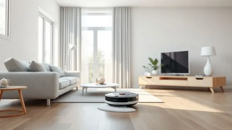 Ilustração digital de um robô aspirador limpando uma sala de estar moderna e minimalista com luz natural suave.
