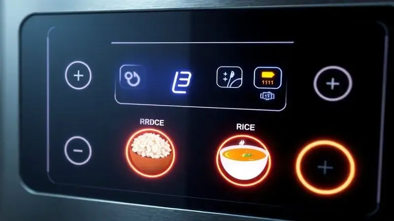 Painel digital conceitual de uma panela de pressão elétrica mostrando ícones de programação inteligente para diversos alimentos.