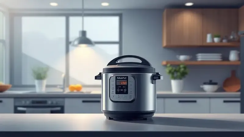 Ilustração digital de uma panela de pressão elétrica moderna em uma bancada de cozinha organizada.